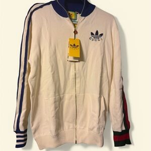 Gucci Cream Zip-Up Windbreaker with Blue & Red Stripe Accents